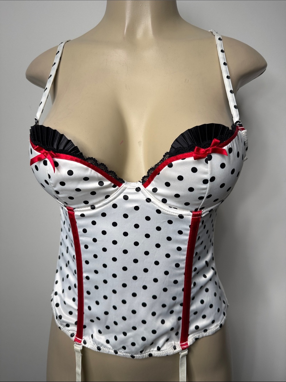 Shirley of Hollywood White Polka Dot Satin Bustier with Black Dots and Red Trim